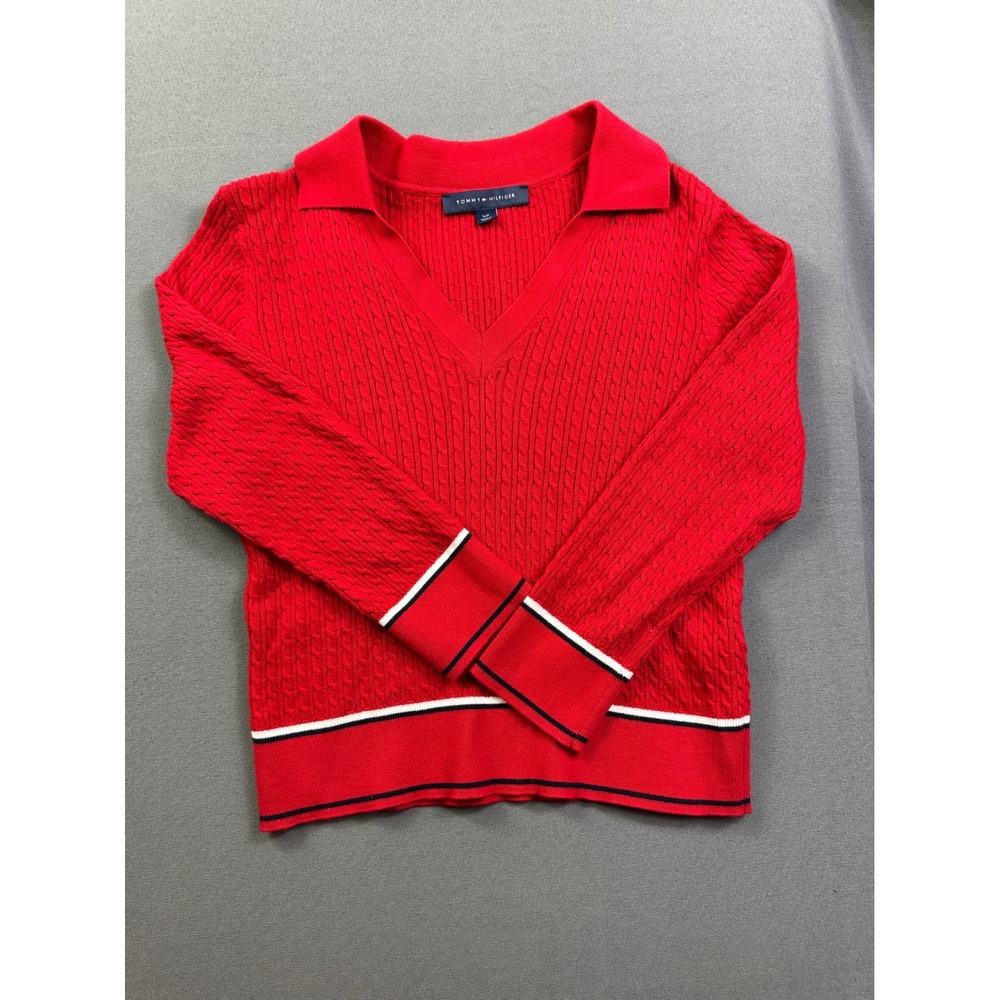 Tommy Hilfiger Red‎ Cable Knit Polo Sweater V-Neck Striped Trim Womens Small
